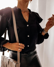 Load image into Gallery viewer, Ruffles Button Design Bell Sleeve Casual Shirt